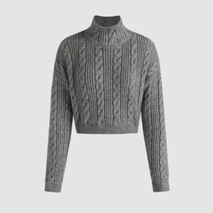 Cider NWOT Cropped Twisted Cable Knit Grey Turtleneck Dolman Sleeve Sweater